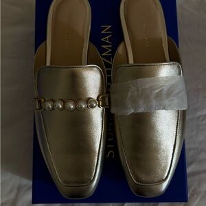 Stuart Weitzman Perla Gold Metallic Pearl-Trim Slip-On Mules